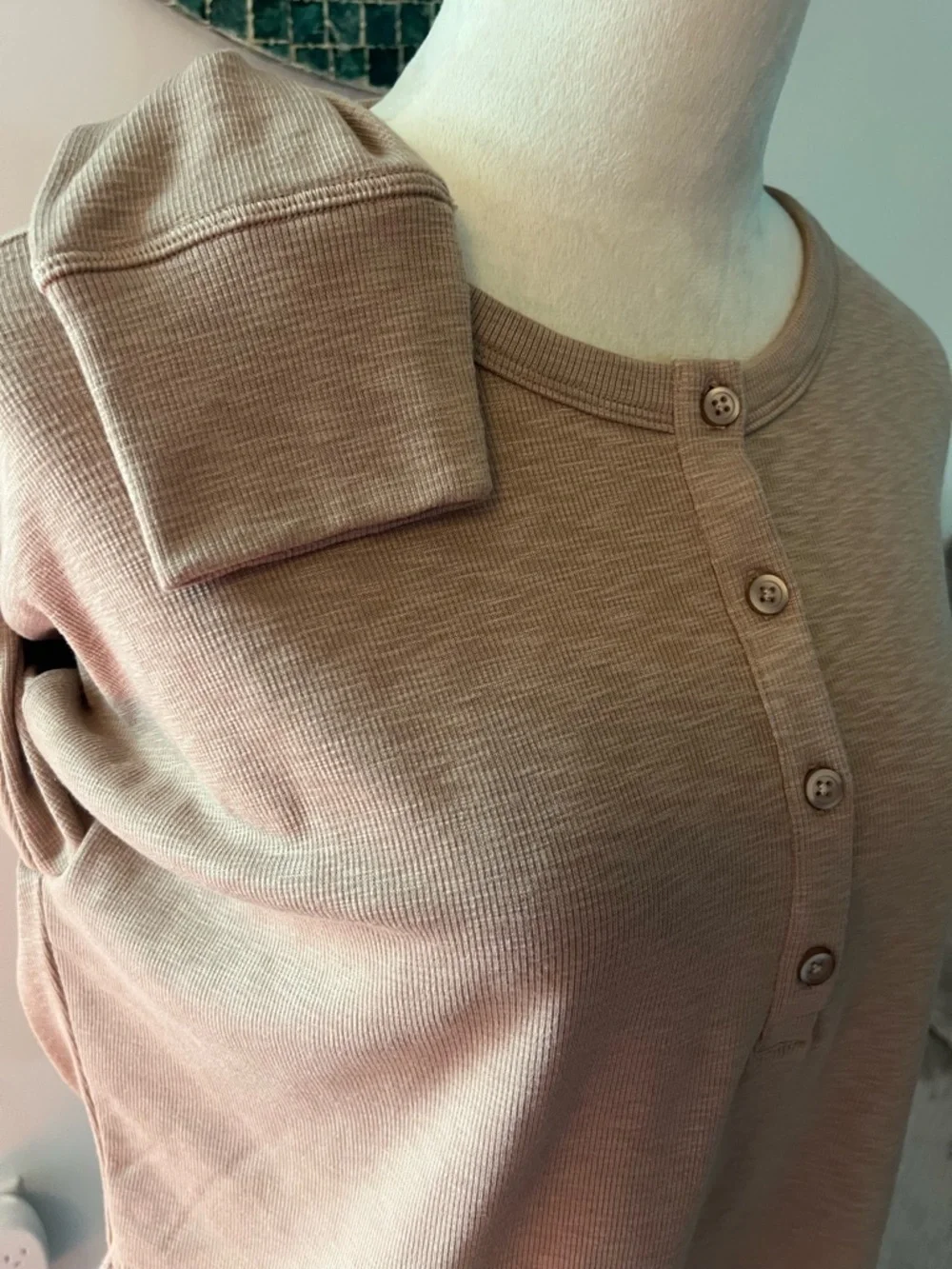 Vuori Women's Long Sleeve Henley in Taupe - Picture 4 of 11